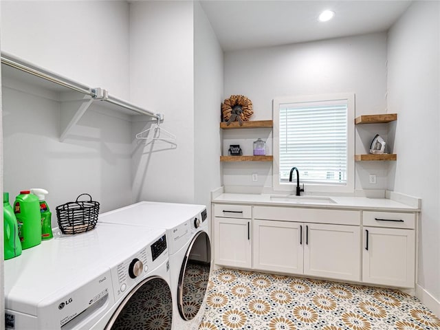 1614 S 1st Ave, Stroud, OK 74079 - clothes washing area featuring washing machine and dryer, baseboards, light tile patterned floors, cabinet space, and recessed lighting