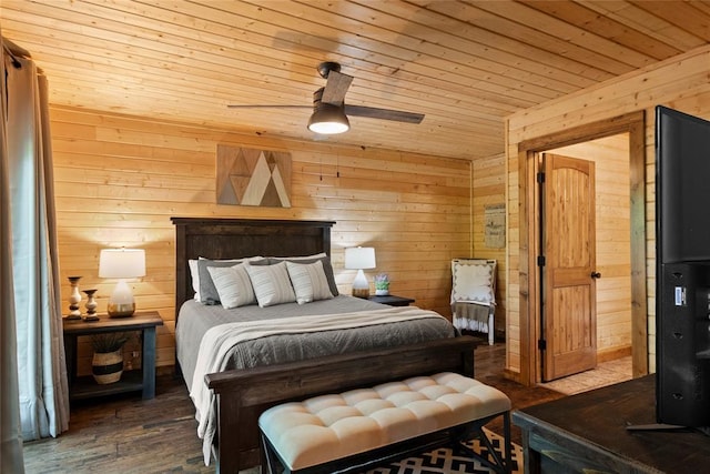 962 Red Fox Rd, Broken Bow, OK 74728 - bedroom with wood walls, wooden ceiling, wood finished floors, and a ceiling fan