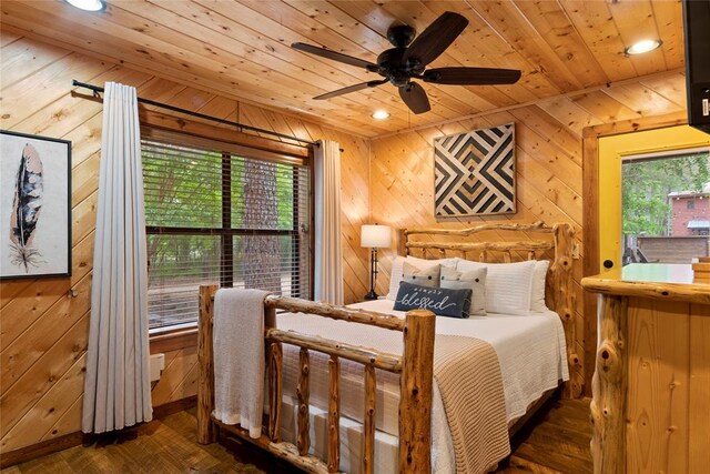 962 Red Fox Rd, Broken Bow, OK 74728 - bedroom featuring wooden ceiling, hardwood / wood-style flooring, wooden walls, and recessed lighting