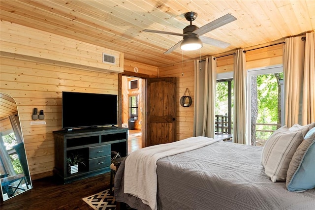 962 Red Fox Rd, Broken Bow, OK 74728 - bedroom with wood ceiling, wooden walls, wood-type flooring, a ceiling fan, and access to exterior