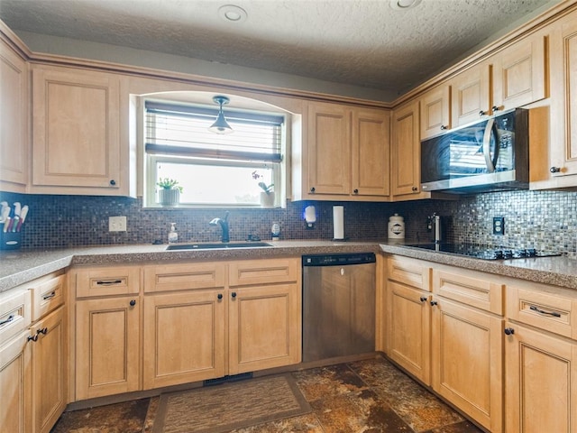 13776 E Stella Rd, Newalla, OK 74857 - kitchen with appliances with stainless steel finishes, a sink, decorative backsplash, light brown cabinetry, and dark stone finish flooring