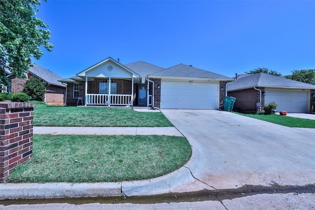 6613 NW 131st St, Oklahoma City, OK 73142 - ranch-style home with a porch, brick siding, a front yard, a garage, and driveway
