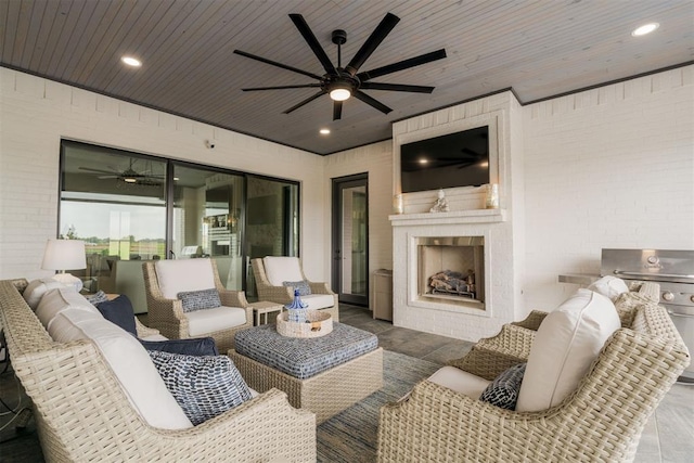 15012 Annecy Blvd, Oklahoma City, OK 73142 - view of patio featuring an outdoor living space with a fireplace and ceiling fan