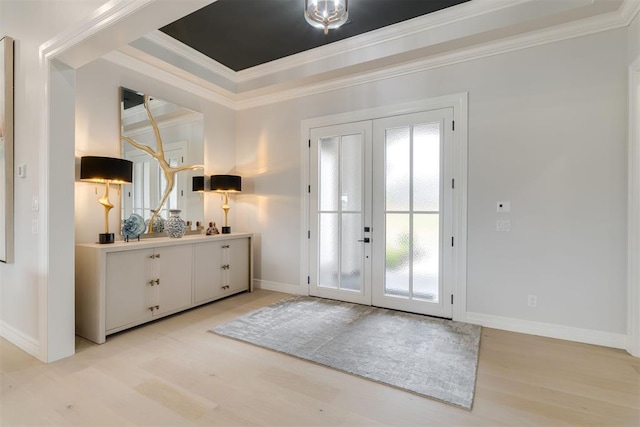 15012 Annecy Blvd, Oklahoma City, OK 73142 - doorway with french doors, ornamental molding, light wood-style flooring, and baseboards