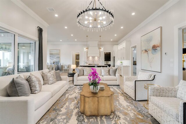 15012 Annecy Blvd, Oklahoma City, OK 73142 - living room featuring a chandelier, recessed lighting, and crown molding