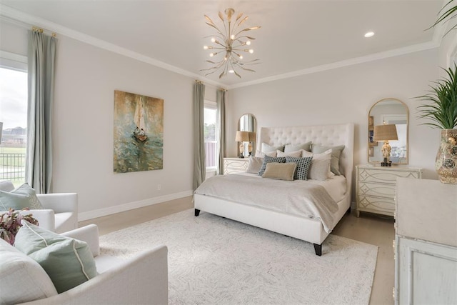 15012 Annecy Blvd, Oklahoma City, OK 73142 - bedroom with a chandelier, recessed lighting, baseboards, ornamental molding, and light wood-style flooring