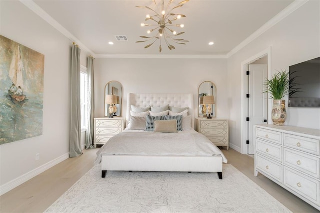 15012 Annecy Blvd, Oklahoma City, OK 73142 - bedroom featuring light wood-type flooring, baseboards, ornamental molding, a chandelier, and recessed lighting