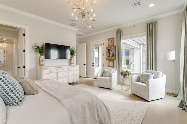 15012 Annecy Blvd, Oklahoma City, OK 73142 - bedroom featuring a chandelier, baseboards, ornamental molding, recessed lighting, and light wood-type flooring
