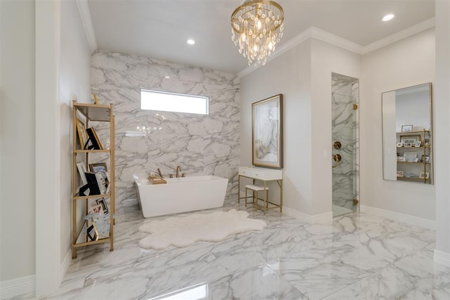15012 Annecy Blvd, Oklahoma City, OK 73142 - full bath with a marble finish shower, marble tiled floors, ornamental molding, a soaking tub, and a chandelier