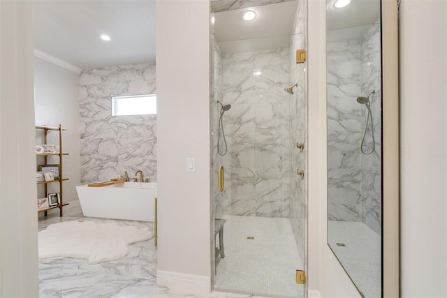 15012 Annecy Blvd, Oklahoma City, OK 73142 - bathroom featuring a marble finish shower, a freestanding bath, marble finish floors, ornamental molding, and recessed lighting
