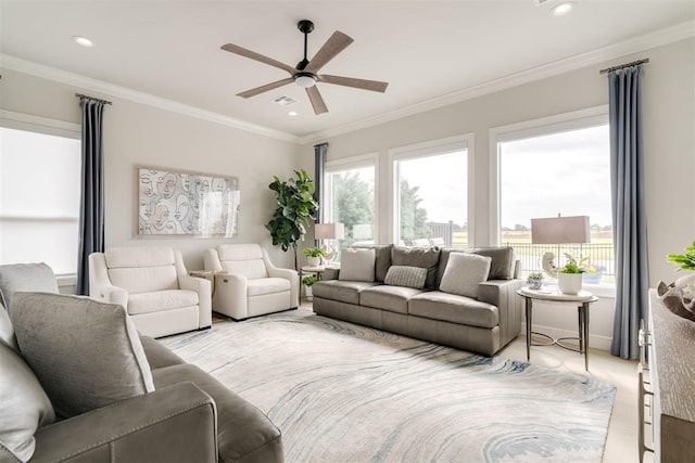 15012 Annecy Blvd, Oklahoma City, OK 73142 - living area with a ceiling fan, recessed lighting, and ornamental molding