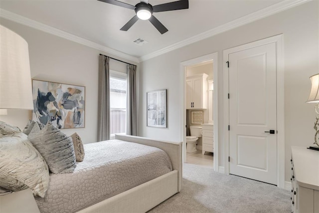15012 Annecy Blvd, Oklahoma City, OK 73142 - bedroom featuring ornamental molding, light colored carpet, ensuite bathroom, a ceiling fan, and baseboards