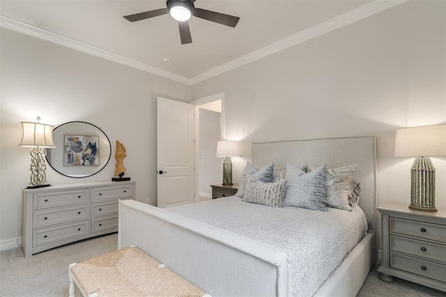 15012 Annecy Blvd, Oklahoma City, OK 73142 - bedroom with light colored carpet, ornamental molding, baseboards, and ceiling fan