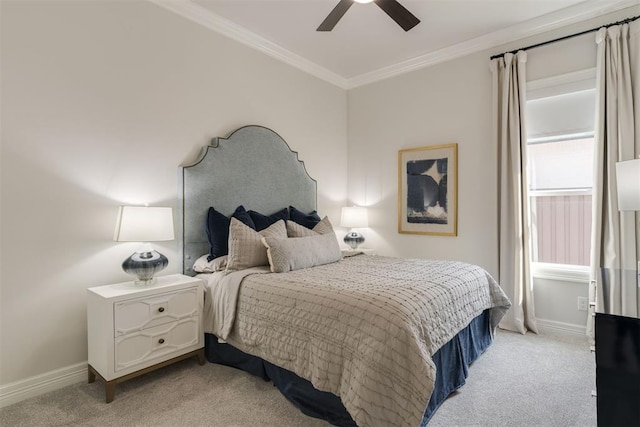 15012 Annecy Blvd, Oklahoma City, OK 73142 - bedroom featuring light colored carpet, ornamental molding, baseboards, and a ceiling fan