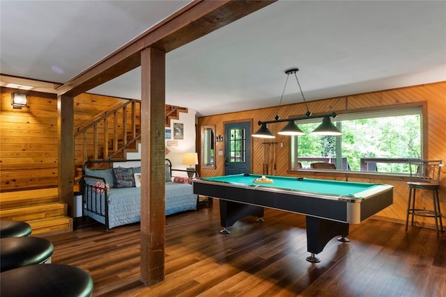 868 Red Fox Rd, Broken Bow, OK 74728 - recreation room with wood walls, beam ceiling, wood finished floors, and billiards