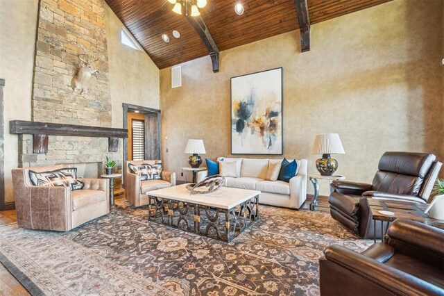 13600 W Britton Rd, Yukon, OK 73099 - living area with wood ceiling with exposed beams, high vaulted ceiling, and ceiling fan