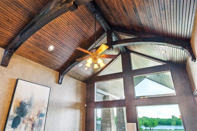 13600 W Britton Rd, Yukon, OK 73099 - detailed view of wooden ceiling with exposed beams and ceiling fan