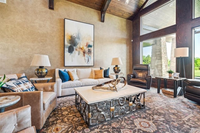 13600 W Britton Rd, Yukon, OK 73099 - living area featuring wood ceiling with exposed beams and a towering ceiling