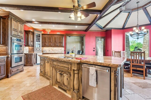 13600 W Britton Rd, Yukon, OK 73099 - kitchen with stainless steel appliances, stone tile floors, a sink, a chandelier, and beamed ceiling