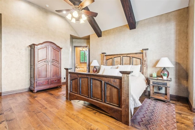 13600 W Britton Rd, Yukon, OK 73099 - bedroom featuring hardwood / wood-style floors, baseboards, high vaulted ceiling, beamed ceiling, and ceiling fan