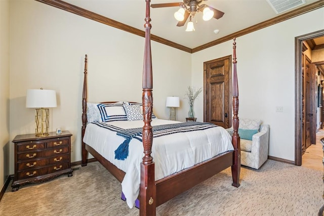 13600 W Britton Rd, Yukon, OK 73099 - carpeted bedroom featuring baseboards, ornamental molding, and a ceiling fan