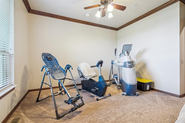 13600 W Britton Rd, Yukon, OK 73099 - exercise room with carpet floors, baseboards, ceiling fan, and ornamental molding
