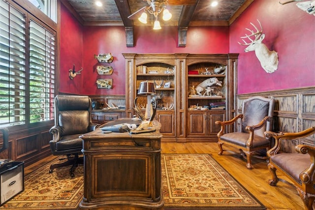 13600 W Britton Rd, Yukon, OK 73099 - office featuring wood finished floors, a ceiling fan, recessed lighting, wooden ceiling with exposed beams, and wainscoting