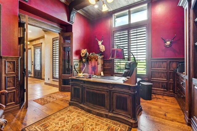 13600 W Britton Rd, Yukon, OK 73099 - office with wood-type flooring, plenty of natural light, a wainscoted wall, crown molding, and wooden ceiling
