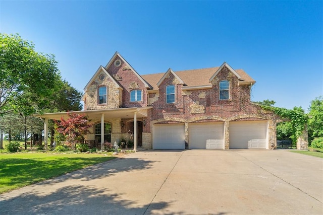 20180 Elm St, Harrah, OK 73045 - view of front of house with stone siding, an attached garage, concrete driveway, a front lawn, and brick siding