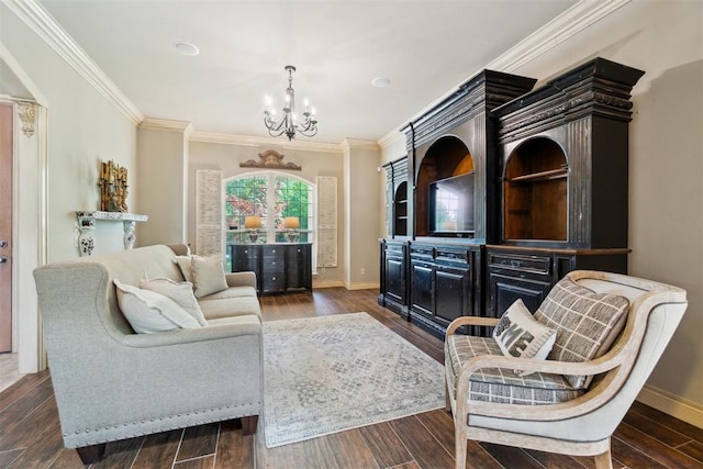 20180 Elm St, Harrah, OK 73045 - living room with a chandelier, ornamental molding, dark wood-style floors, and baseboards