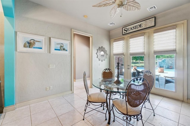 20180 Elm St, Harrah, OK 73045 - dining space with ceiling fan, light tile patterned flooring, french doors, and baseboards