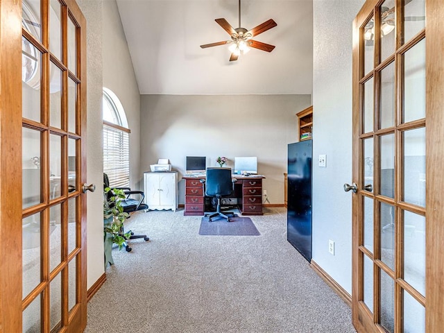 349412 E 840th Rd, Stroud, OK 74079 - carpeted office featuring french doors, high vaulted ceiling, a ceiling fan, and baseboards