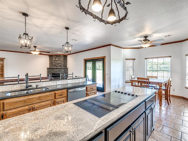 349412 E 840th Rd, Stroud, OK 74079 - kitchen featuring dishwasher, a sink, a ceiling fan, black electric cooktop, and crown molding