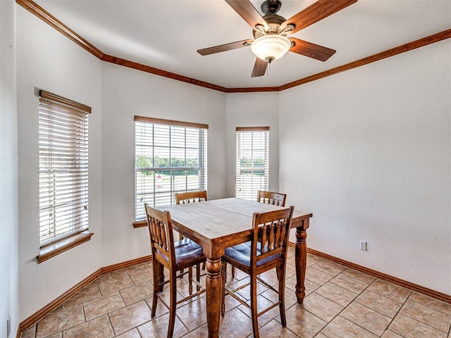 349412 E 840th Rd, Stroud, OK 74079 - dining area featuring baseboards, a ceiling fan, and crown molding