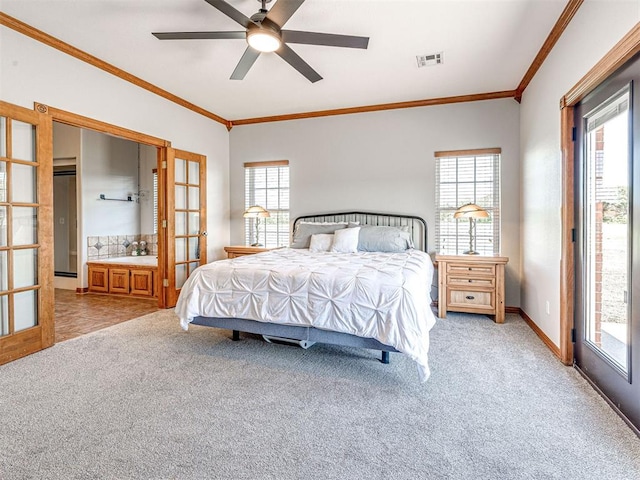 349412 E 840th Rd, Stroud, OK 74079 - bedroom featuring light colored carpet, access to outside, ornamental molding, ensuite bathroom, and ceiling fan