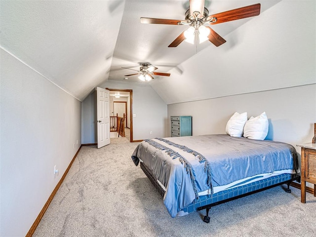 349412 E 840th Rd, Stroud, OK 74079 - carpeted bedroom featuring lofted ceiling, baseboards, and a ceiling fan