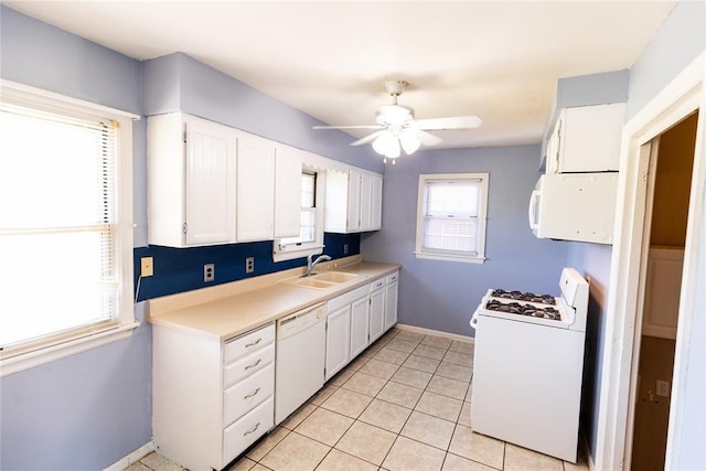 4620 SE 139th St, Oklahoma City, OK 73165 - kitchen featuring white appliances, a sink, white cabinetry, a ceiling fan, and baseboards