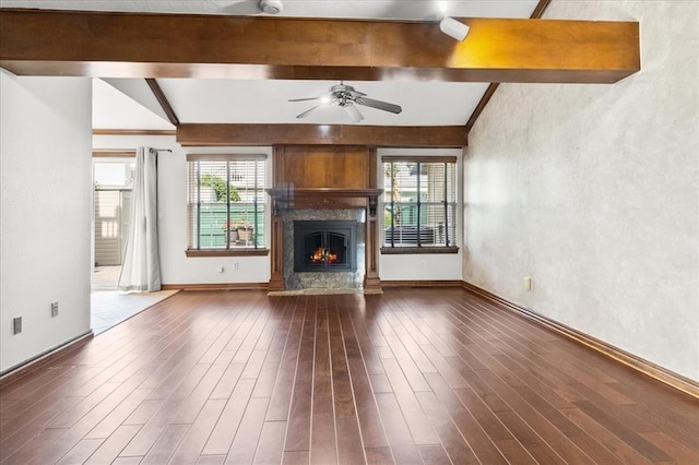 5839 Hefner Village Ct, Oklahoma City, OK 73162 - unfurnished living room featuring dark wood-type flooring, beamed ceiling, a premium fireplace, a ceiling fan, and baseboards