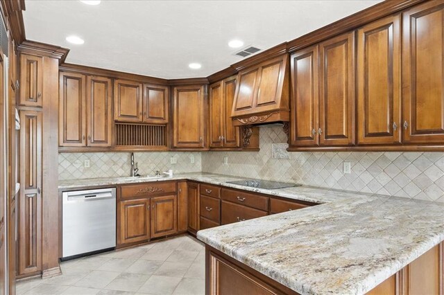 5839 Hefner Village Ct, Oklahoma City, OK 73162 - kitchen with stainless steel dishwasher, black electric cooktop, a peninsula, a sink, and light stone counters