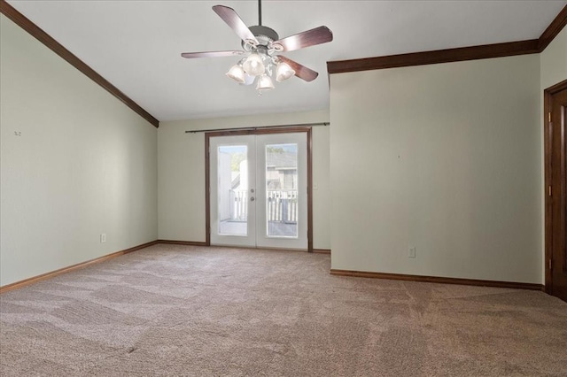 5839 Hefner Village Ct, Oklahoma City, OK 73162 - empty room with crown molding, light carpet, french doors, a ceiling fan, and baseboards