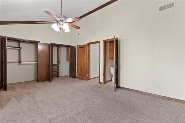 5839 Hefner Village Ct, Oklahoma City, OK 73162 - unfurnished bedroom featuring high vaulted ceiling, carpet, a ceiling fan, and baseboards
