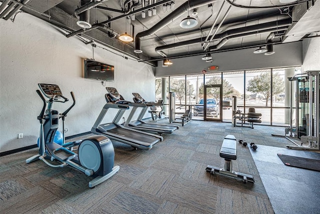 workout area featuring a textured wall and carpet