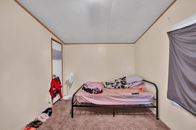 220 N Vernon Ave, Hinton, OK 73047 - carpeted bedroom featuring vaulted ceiling and crown molding