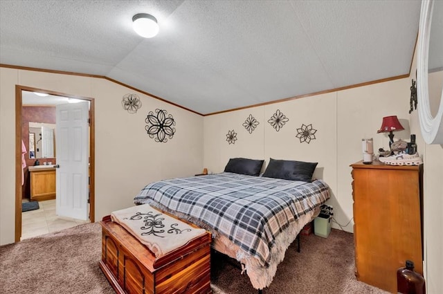 220 N Vernon Ave, Hinton, OK 73047 - bedroom featuring light colored carpet, lofted ceiling, crown molding, and a textured ceiling