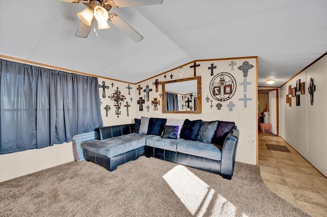 220 N Vernon Ave, Hinton, OK 73047 - living area featuring vaulted ceiling, ceiling fan, and carpet floors