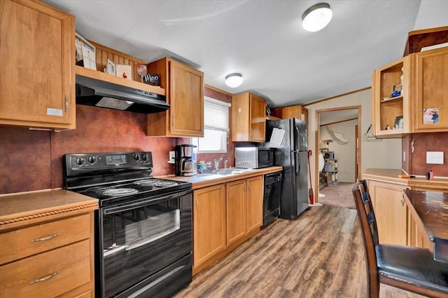 220 N Vernon Ave, Hinton, OK 73047 - kitchen featuring black appliances, open shelves, under cabinet range hood, and wood finished floors