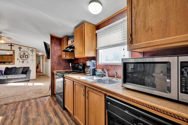 220 N Vernon Ave, Hinton, OK 73047 - kitchen featuring black electric range oven, stainless steel microwave, a sink, under cabinet range hood, and dark wood-type flooring