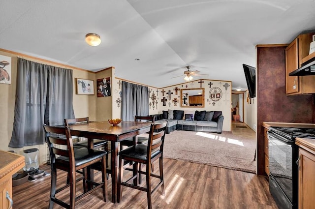 220 N Vernon Ave, Hinton, OK 73047 - dining room with wood finished floors, a ceiling fan, and lofted ceiling