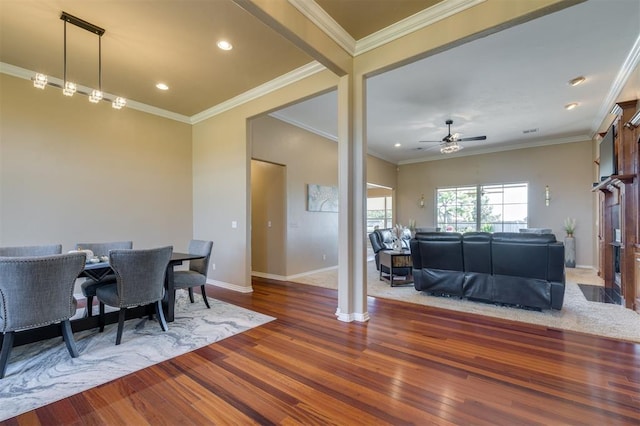 239 Brandon Cir, Goldsby, OK 73093 - dining space with wood finished floors, a ceiling fan, baseboards, recessed lighting, and ornamental molding