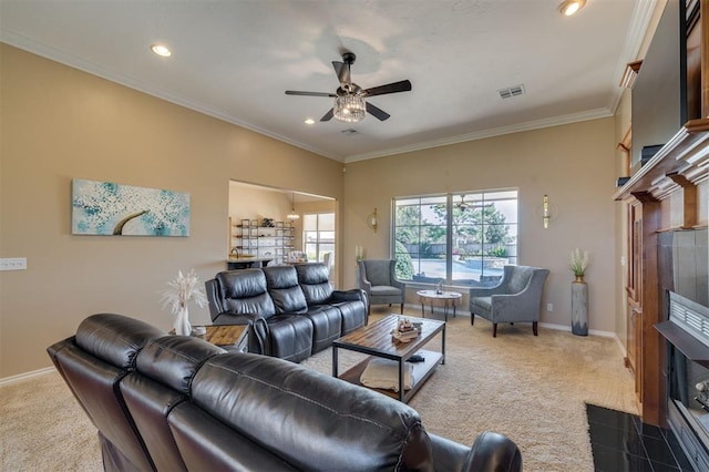 239 Brandon Cir, Goldsby, OK 73093 - carpeted living room with ceiling fan, baseboards, recessed lighting, and ornamental molding